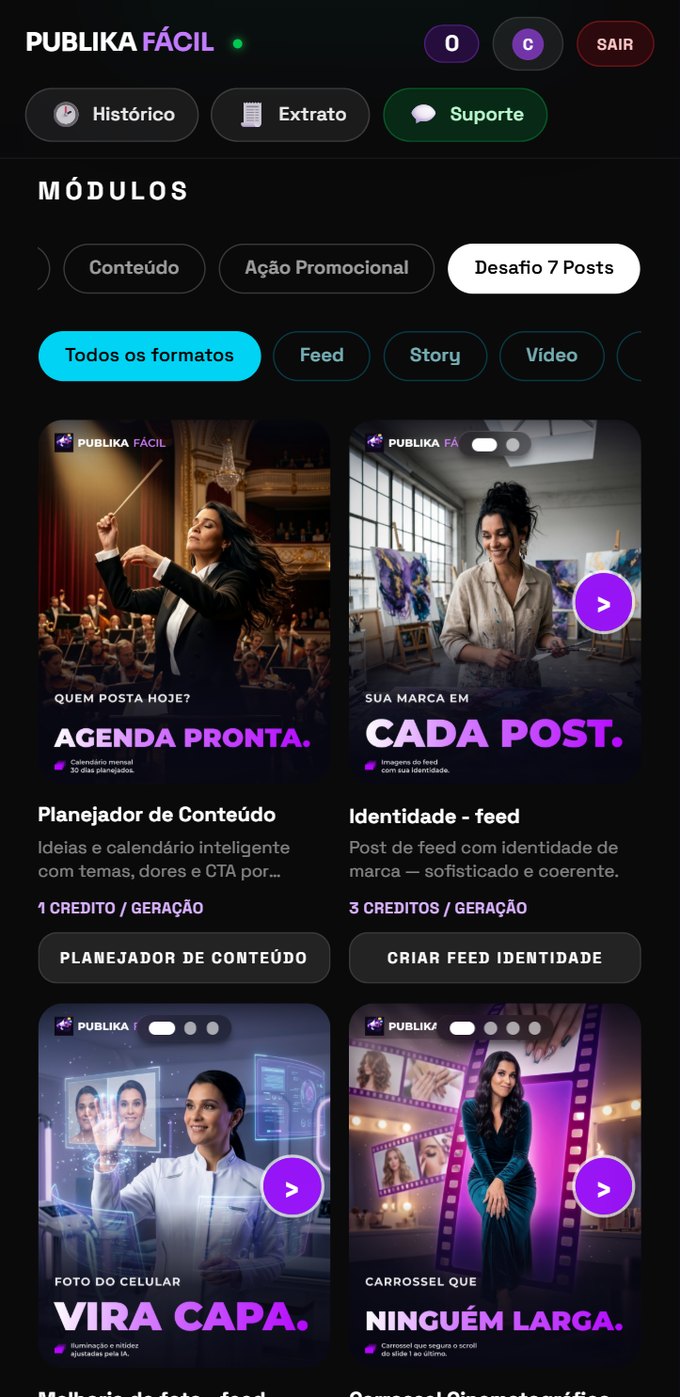 Tela do aplicativo Publika Fácil com os módulos de criação