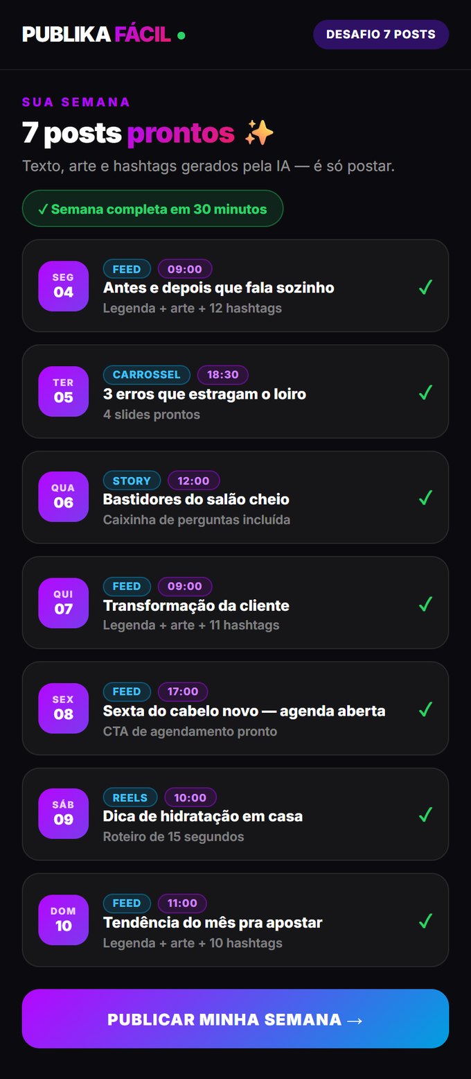 Tela do aplicativo Publika Fácil com os 7 posts da semana prontos